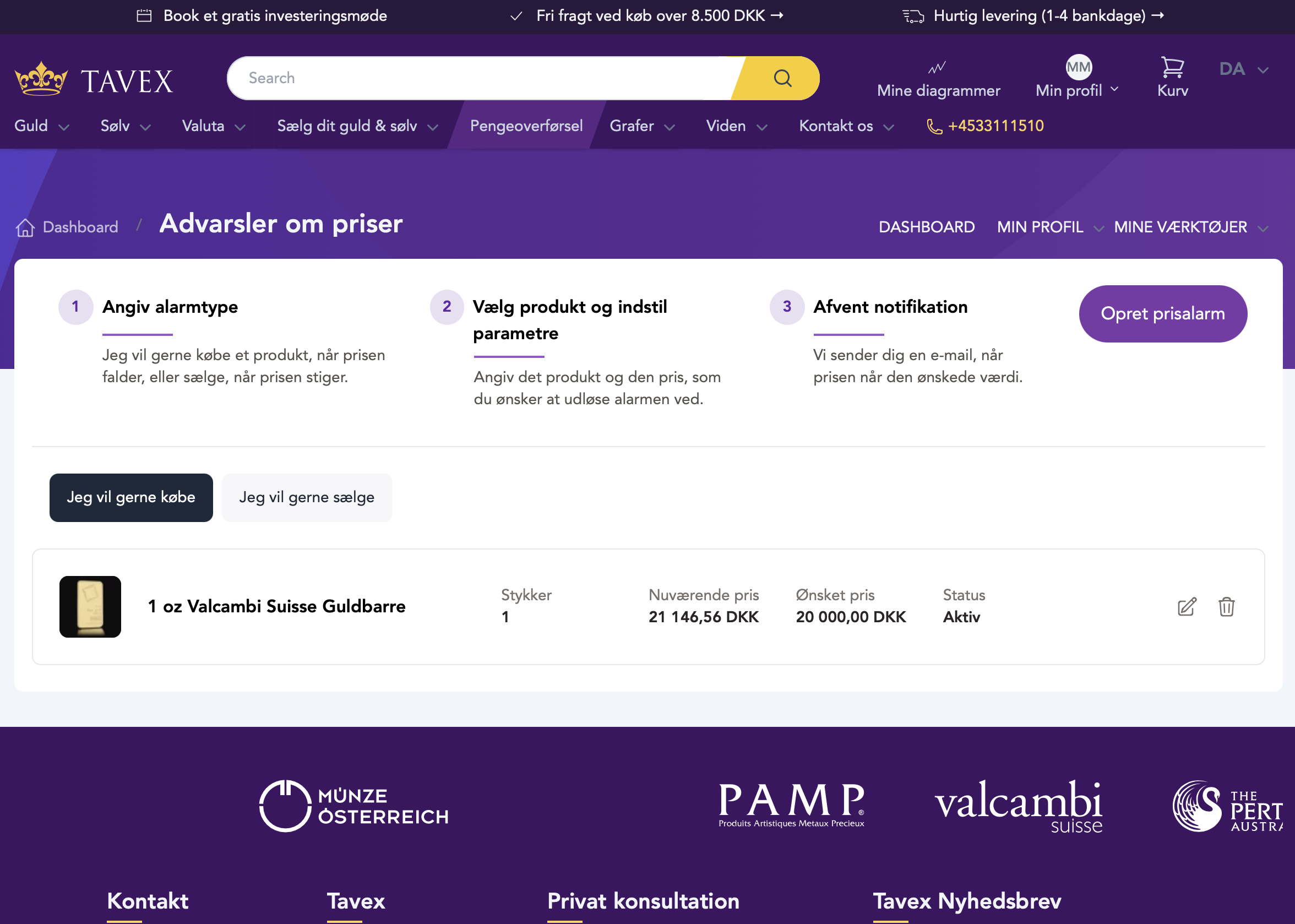 Når du har oprettet og tilføjet en prisalarm vil denne fremgå på siden. Alle dine aktive prisalarmer vil komme frem, når du går ind på siden for advarsler om priser.