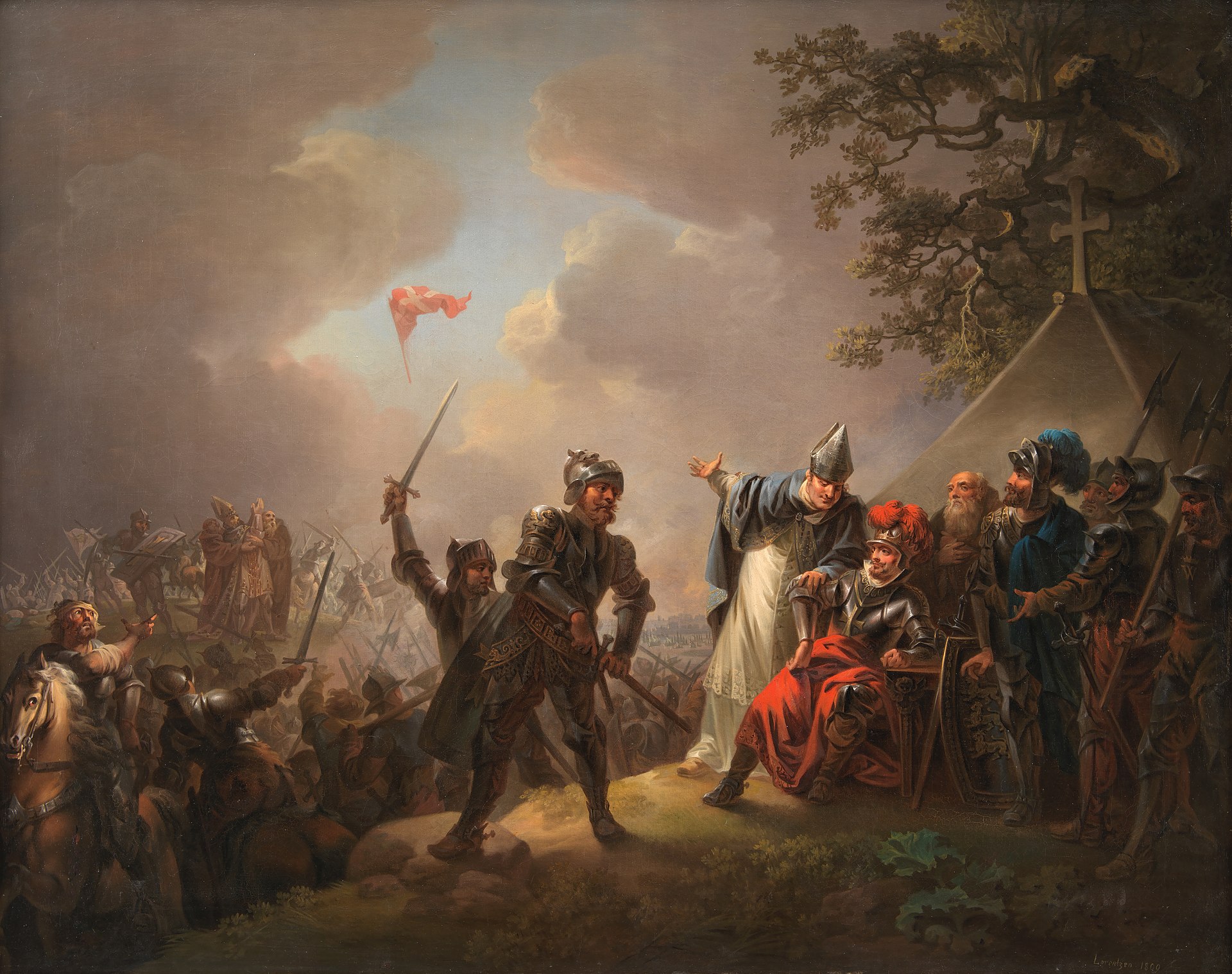 Den første Valdemarsdag, hvor Dannebrog ifølge sagnet faldt ned til Valdemar Sejr og biskop Anders Sunesen den 15. juni 1219 i Tallinn, hvor Tavex’ hovedkontor også ligger. C. A. Lorentzens billede findes på Statens Museum for Kunst.