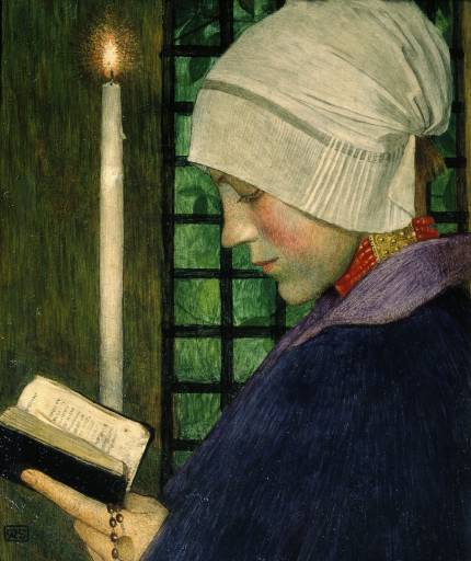 Kyndelmisse eller Missa Candelarum er en lysfest, som fejres den 2. februar. På engelsk hedder den candlemas, hvilket også er titlen på dette billede af den østrigsk-engelske kunstner Marianne Stokes (1855-1927). Stokes var i øvrigt gode venner med Skagensmalerne Anna og Michael Ancher. Kilde: Public Domain
